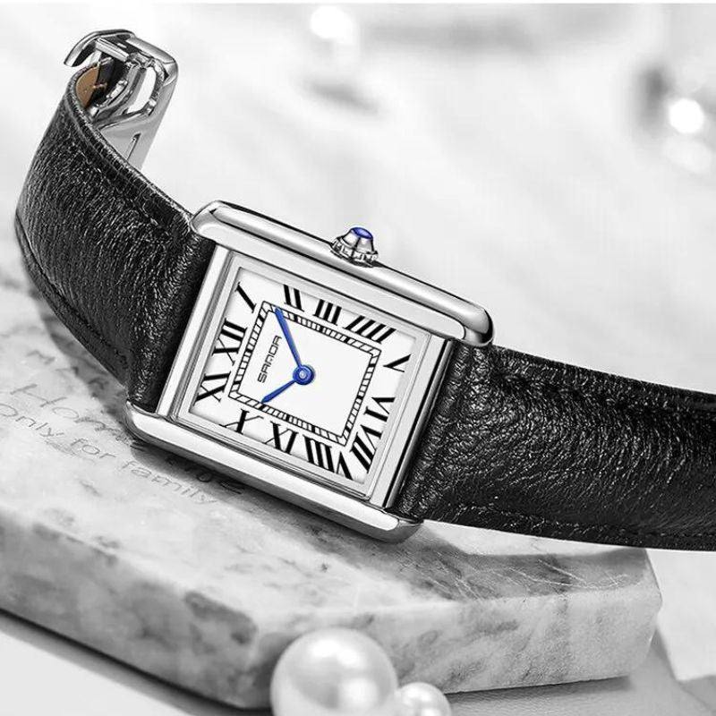 Solstice Square Watch in Stainless Steel with Black Leather Strap